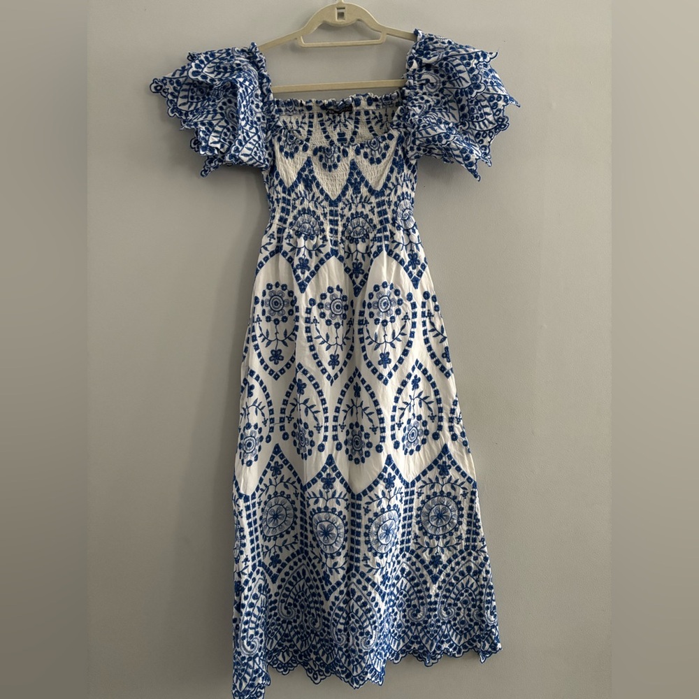 Zara White and Blue Smocked Maxi Dress with Ruffled Sleeves